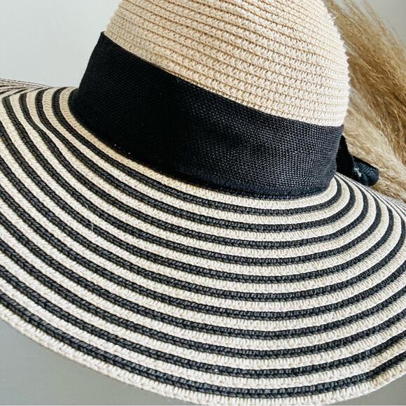 VINTAGE NORDSTROM Cream Tan Straw Wide Brim Floppy Black Bow Ribbon Sun Hat main image 8
